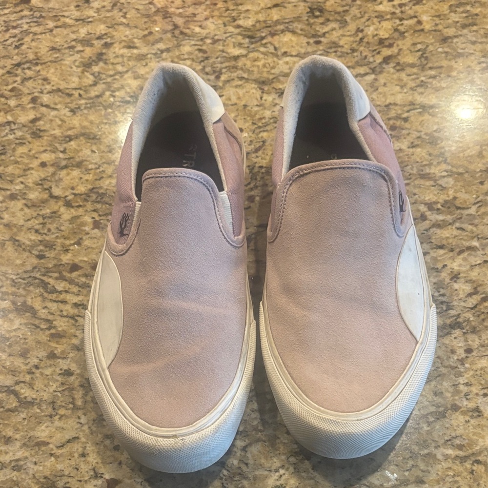 STRAYE Pink and White Slip-On Loafers shade tops. 11